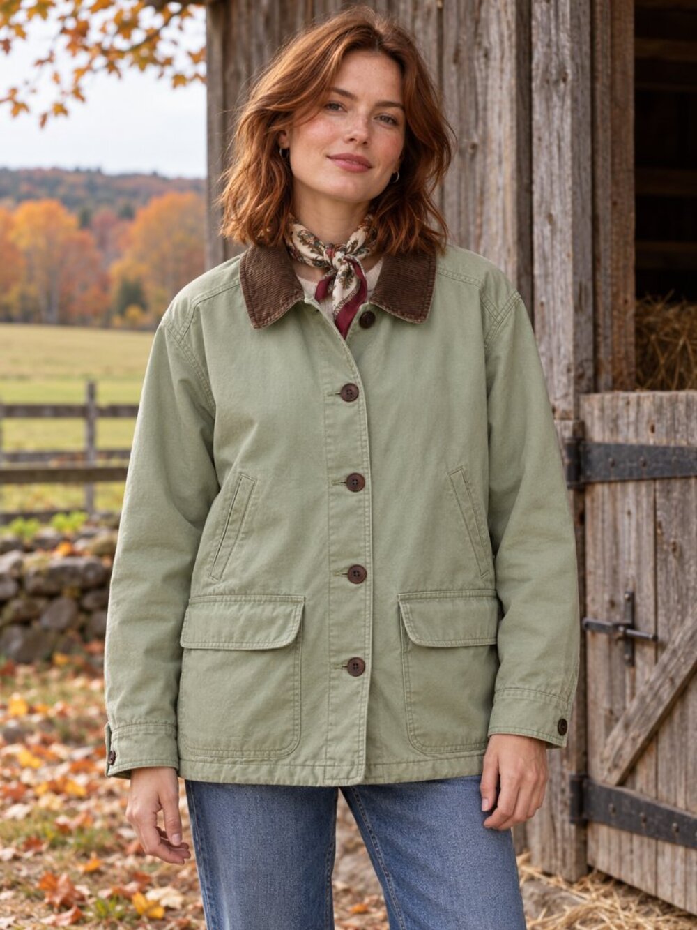 Vintage LL Bean Womens L Sage Green Barn Chore Jacket Thinsulate Corduroy Collar